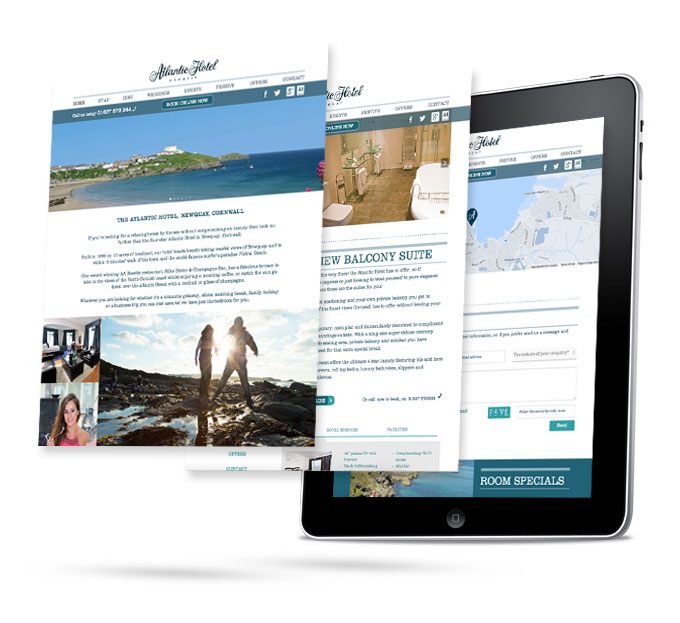 The Atlantic hotel website, which was built and designed by Oracle Design, is seen on a tablet. Showing 3 different pages and how they would look on a tablet device