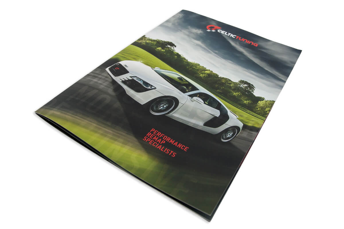 The Front cover of Celtic Tuning's Brochure. A photo of a white Audi on the cover. Designed by Oracle Design