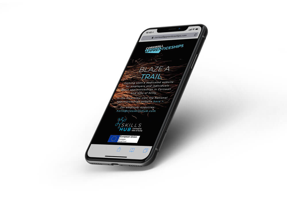Cornwall Apprenticeships website displayed on a mobile phone. Designed and built by Oracle Design