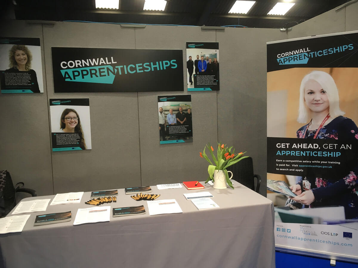 A Cornwall Apprenticeships stall. The Design and signage were created by Oracle Design