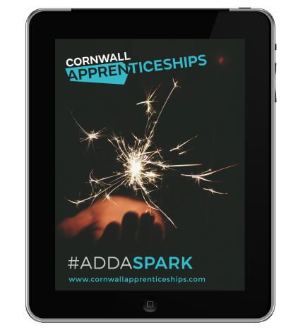 The Cornwall Apprenticeships website is displayed on a tablet. Designed and built by Oracle Design