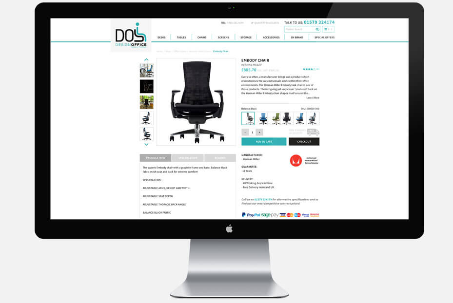 The design Office Solutions e-commerce website is displayed on a PC. Designed and built by Oracle Design.