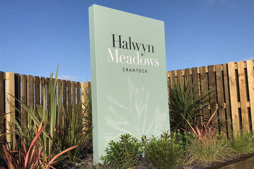 An example of Hawlyn Meadows project signage and hoarding, Design by Oracle Design