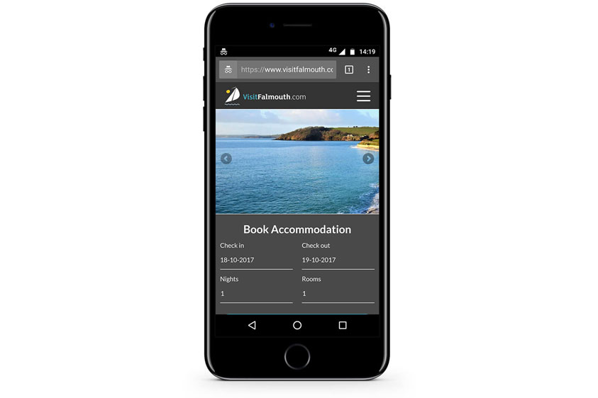 The Visit Falmouth website development on a smartphone device. Designed and built by Oracle Design