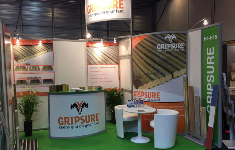 Examples of Gripsure's exhibition walls, signs and stands designed by Oracle design.