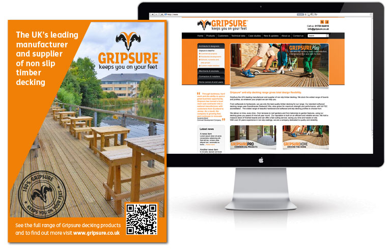 Examples of Gripsure's printed logo and leaflet, as well as how the website looks displayed on a PC that is designed by Oracle design.