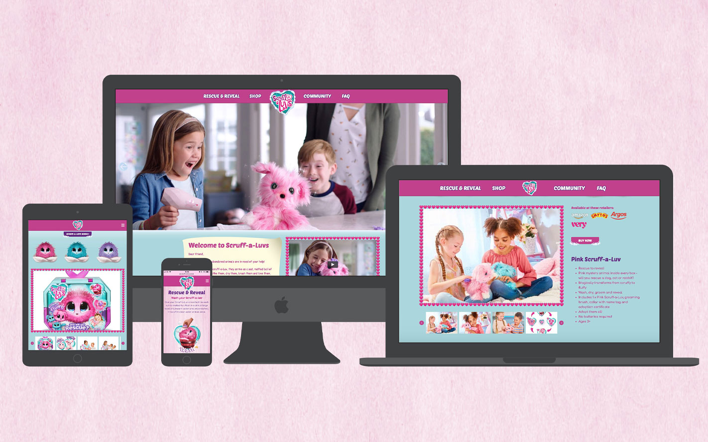 a display of the responsiveness of the Scruff-a-Luv website. Showing the website on a phone, tablet, laptop and PC. Designed and built by Oracle Design