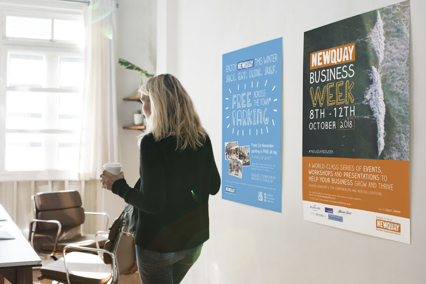Newquay Business Week and Free Parking poster designs