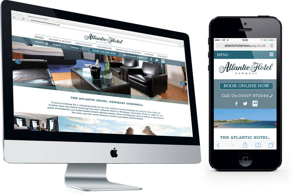 The Atlantic hotel website, which was built and designed by Oracle Design, is seen on a PC and a mobile smartphone. Showing the responsiveness of different pages and how they would look on these devices.