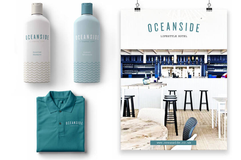 Products and clothing displaying the Oceanside brand and logo. Design is by Oracle Design