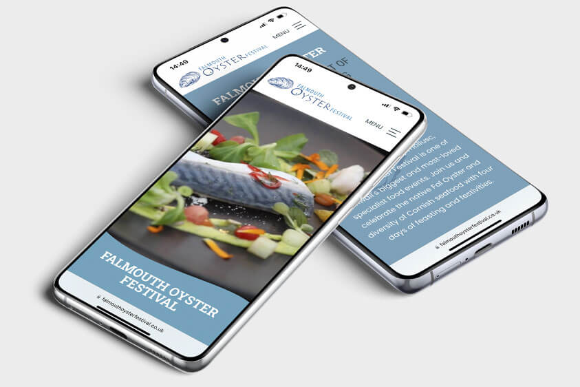 Two Mobile Phones showcasing how the Falmouth Oyster Festival website looks on these devices. The design and build of the website were created by Oracle Design