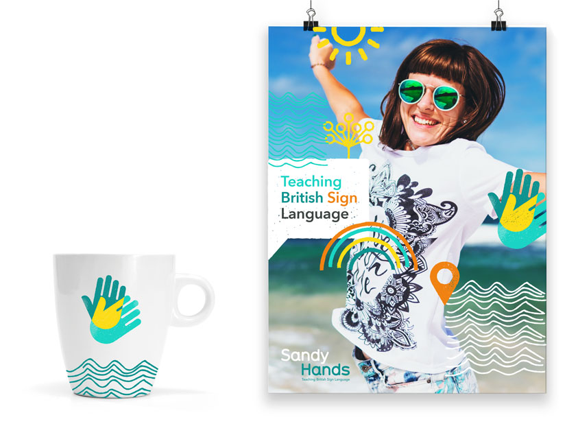 Sandy Hands Logo and colourful icons are presented on a cup and poster. Designed by Oracle Design