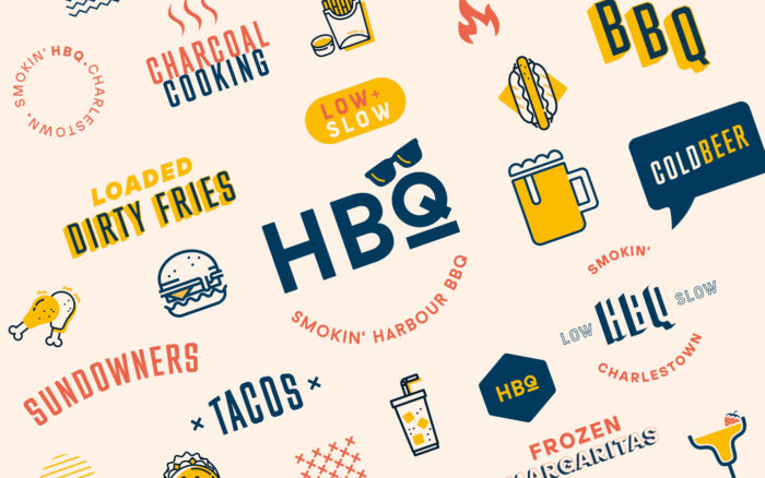 A collage of BBQ-themed icons and words, including burgers, tacos, chips, beer, chicken, and phrases like HBQ, Charcoal Cooking, Low & Slow, and Sundowners on a light background.