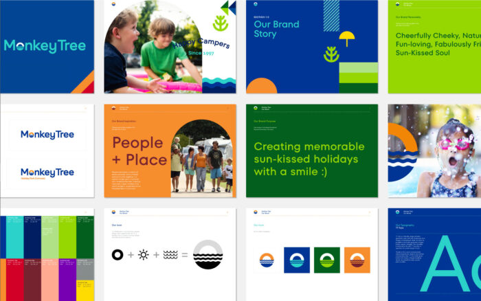 A collage of various colorful presentations and graphics from Monkey Tree displaying phrases like "Our Brand Story," "People + Place," and "Creating memorable sun-kissed holidays." Images include children playing, abstract icons, and a child swimming.