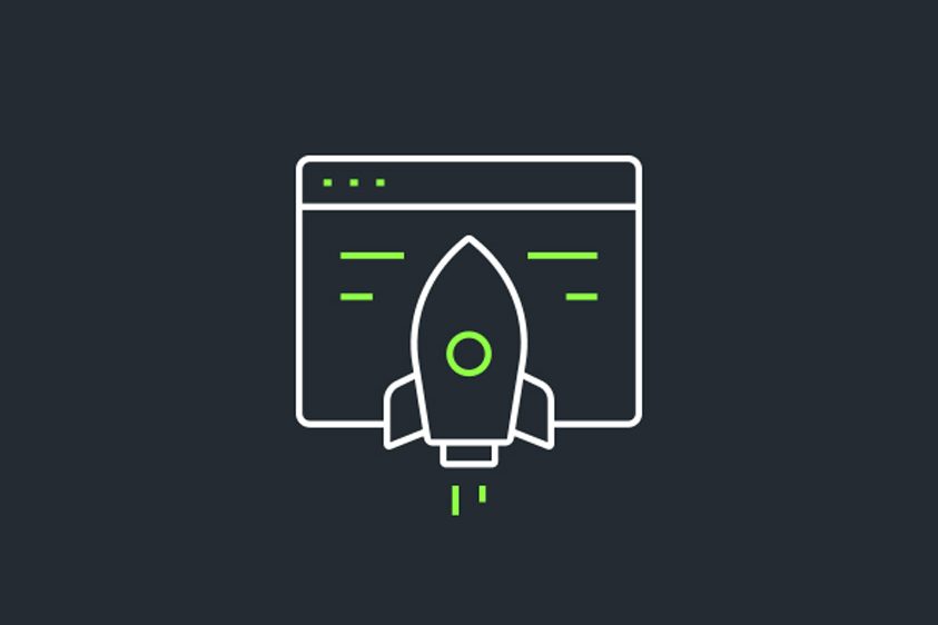Line art rocket emerging from a web browser, symbolising enhanced website performance through SEO.