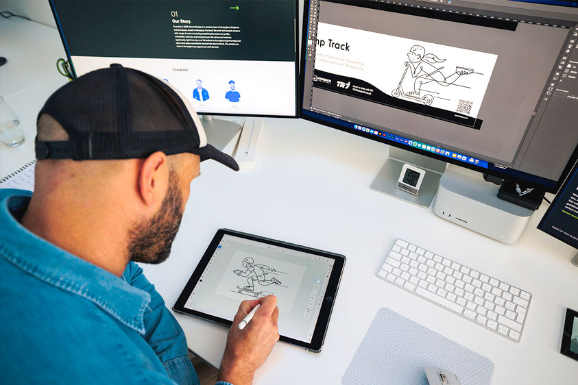 A person working at a desk on there open laptop