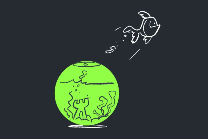 Illustration of a fish jumping out of a green fishbowl