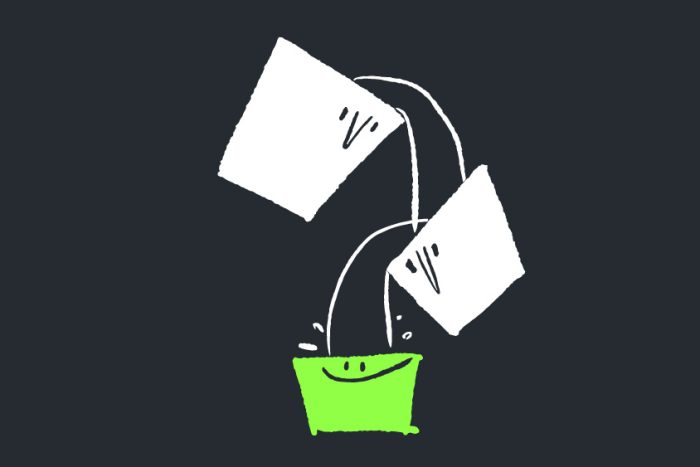 Illustration of white characters dropping into a green container